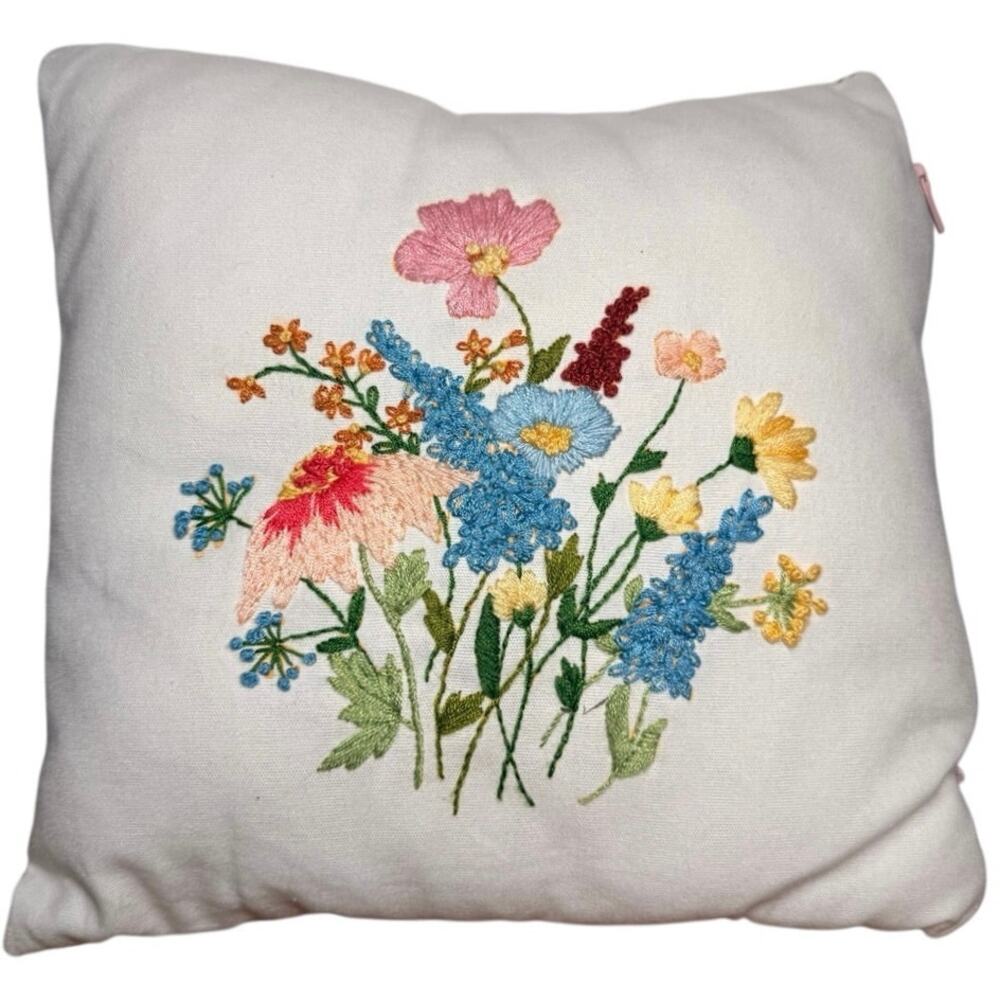 Vintage Hand Embroidered Floral Crewel Throw Pillow White Wildflower Cottagecore